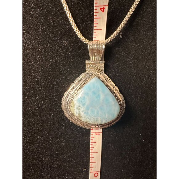 Sterling Silver and Larimar Pendant on Sterling 17 inch Chain 37 grams - Picture 5 of 7